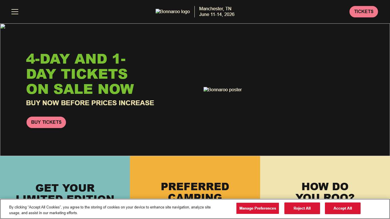 Bonnaroo Music & Arts Festival Manchester, TN June 11-14, 2026