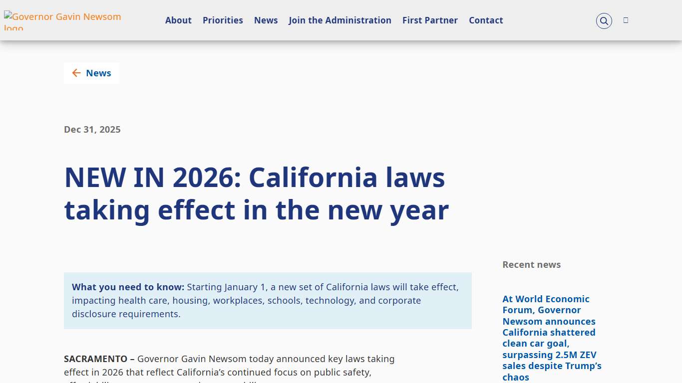 NEW IN 2026: California laws taking effect in the new year Governor of California